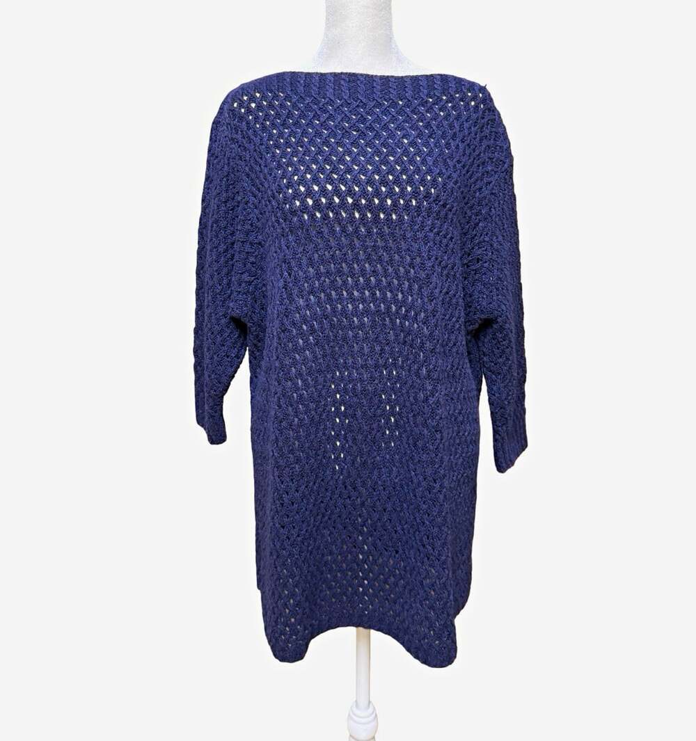 Lauren Ralph Lauren 2X Navy Open Knit Linen Cotton Tunic Sweater 3/4 Sleeve